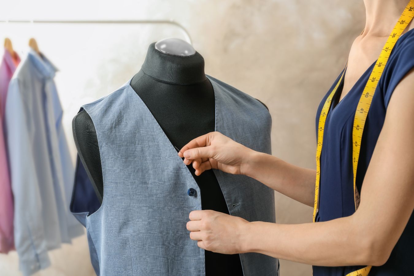 seamstress working on a suit vest