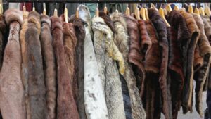 a rack of vintage fur coats on hangers