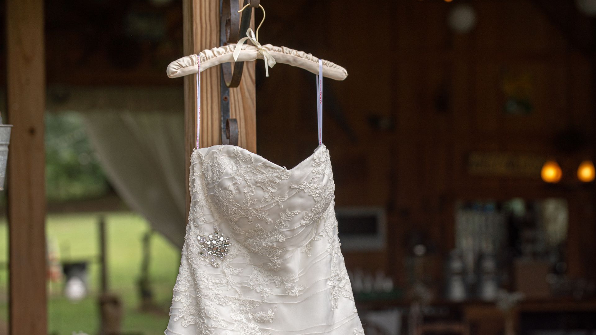 wedding dress on hanger after wedding