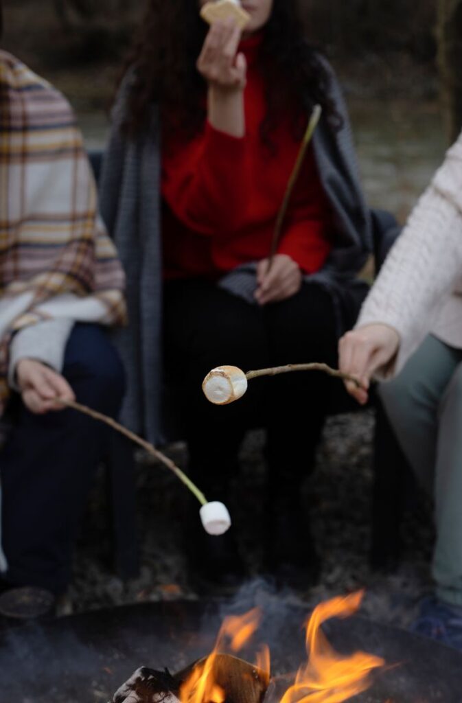 a group of people making smores around a campfire