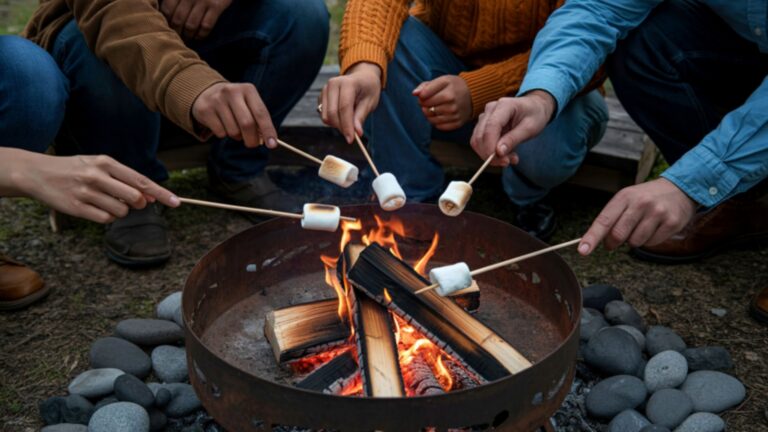 people making smores around a campfire with clothes that have a smoke odor